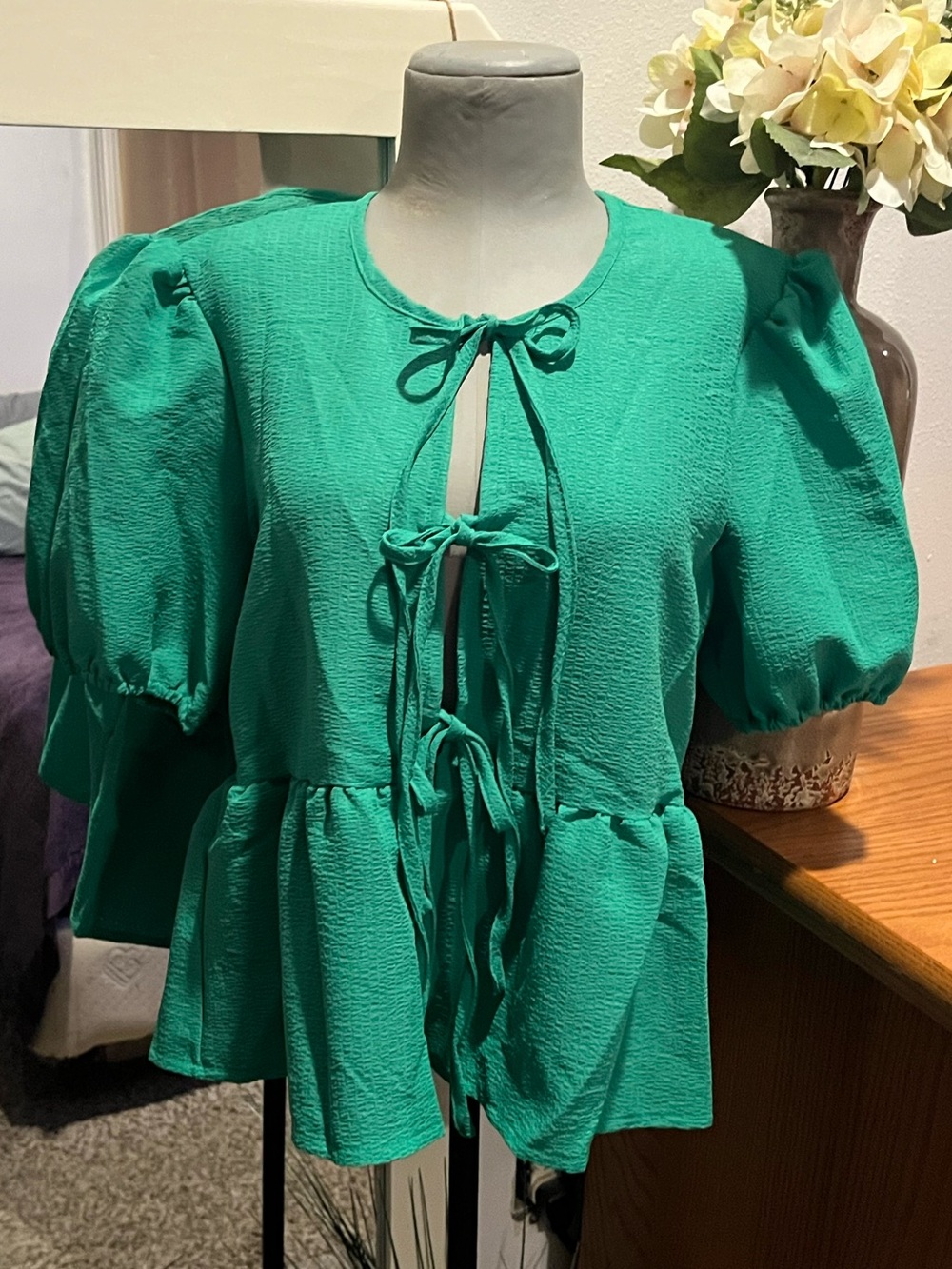 Green Tie Front Blouse Size Medium